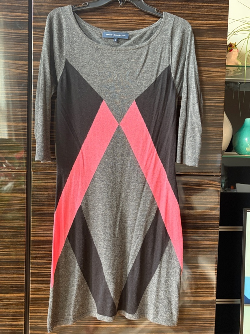 French Connection Pop Bambi Boat Neck Grey Pink & Black Dress. Soft Wool blend.